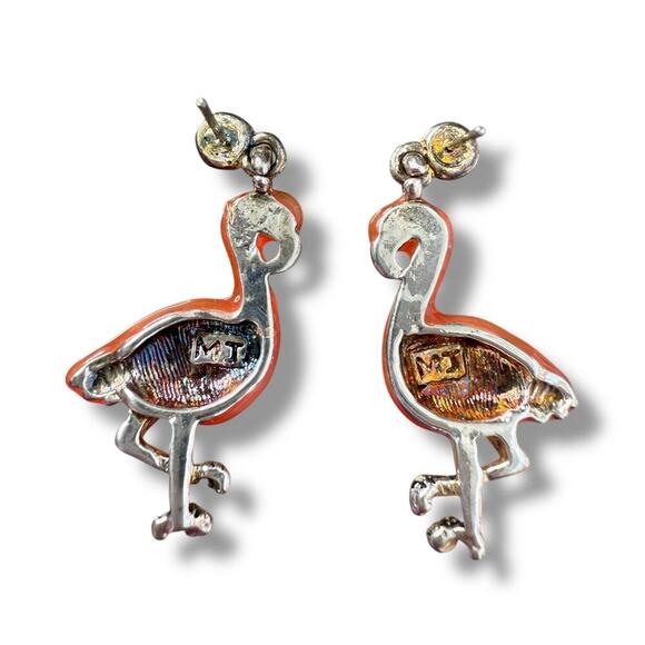 VTG MJ Earrings Flamingo Enamel Jewelry Designer Signed 70's - Picture 2 of 3